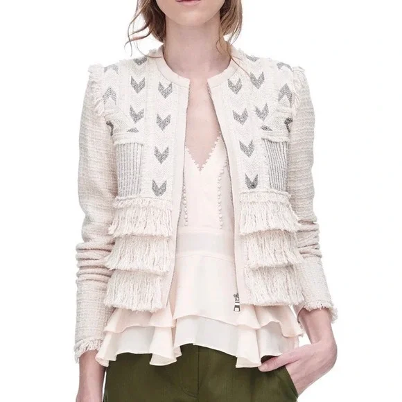 Rebecca Taylor Tweed Embroidered Fringe Blazer Jacket in Cream Pale Pink Size 10 - Picture 1 of 6